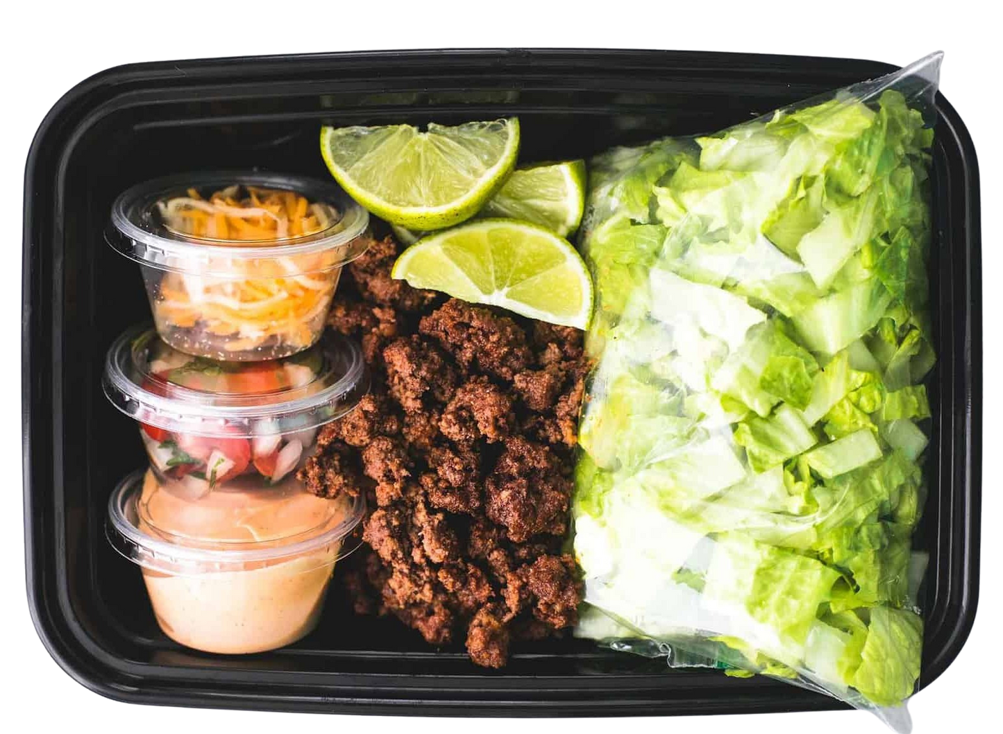 MINI_/Low Carb/Low Calorie/Keto/_ Ground Turkey Taco Salad (265 Calories, 18.5g Carbs, 16g Fat, 16g Protein) Romaine Lettuce,Coach V's Chipotle Sauce, Slices of Lime, Pico & Shredded Cheese