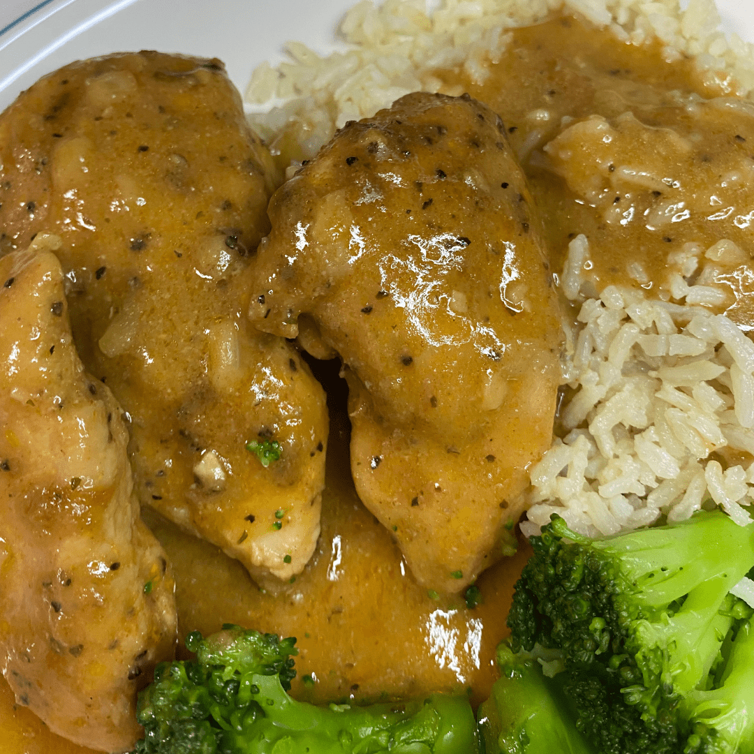 COMFORT FOOD- Smothered Chicken & Meal -Comes with 2 Cornbread Muffins & 2 Sides