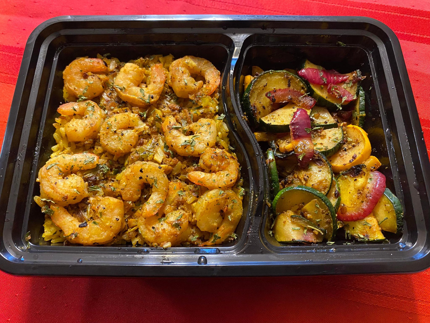Low Carb/Low Calorie/Pescatarian/Gluten-Free - Cajun Shrimp over Brown Rice w/ Sautéed Zucchini & Squash (428 Calories, 27.4g Carbs, 10.9g Fat, 31.5g Protein)
