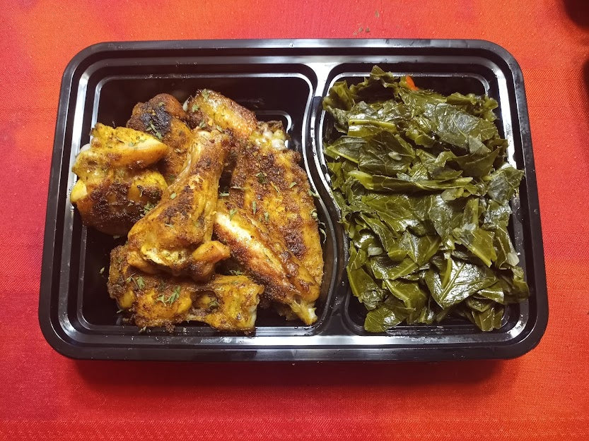 Low Calorie/Low Carb/Keto/Gluten-Free 6 Roasted Chicken Wings with Fresh Collard Greens (438 Calories, 12g Carbs, 28g Fat, 27g Protein)