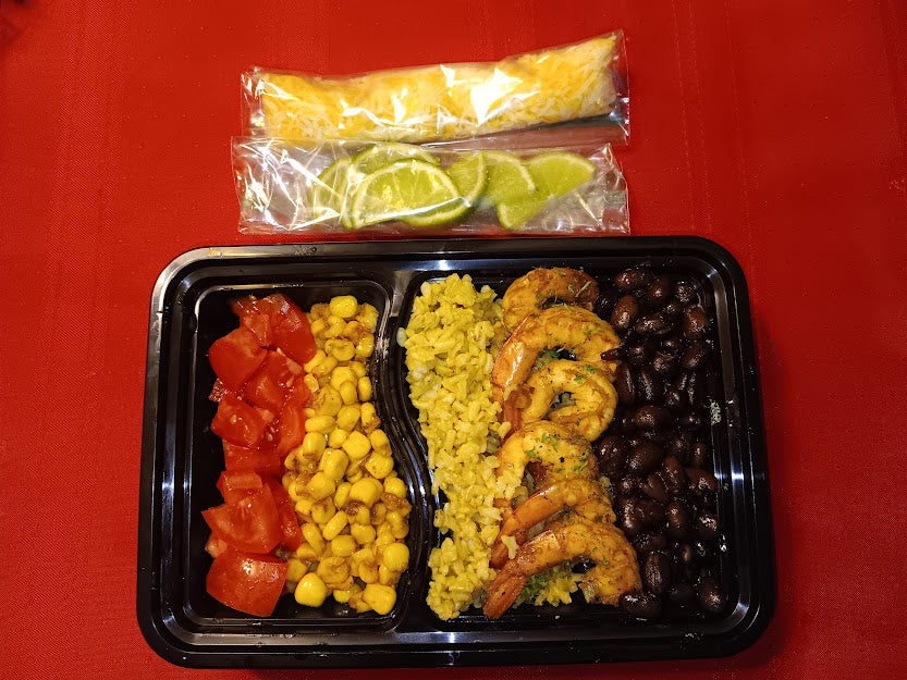 Low Carb/Low Calorie/Pescatarian - Cajun Shrimp Taco Bowl (500 Calories, 36g Carbs, 5g Fat, 30g Protein)- with seasoned brown rice, black beans, roasted corn, grape tomatoes, shredded cheese and lime slices