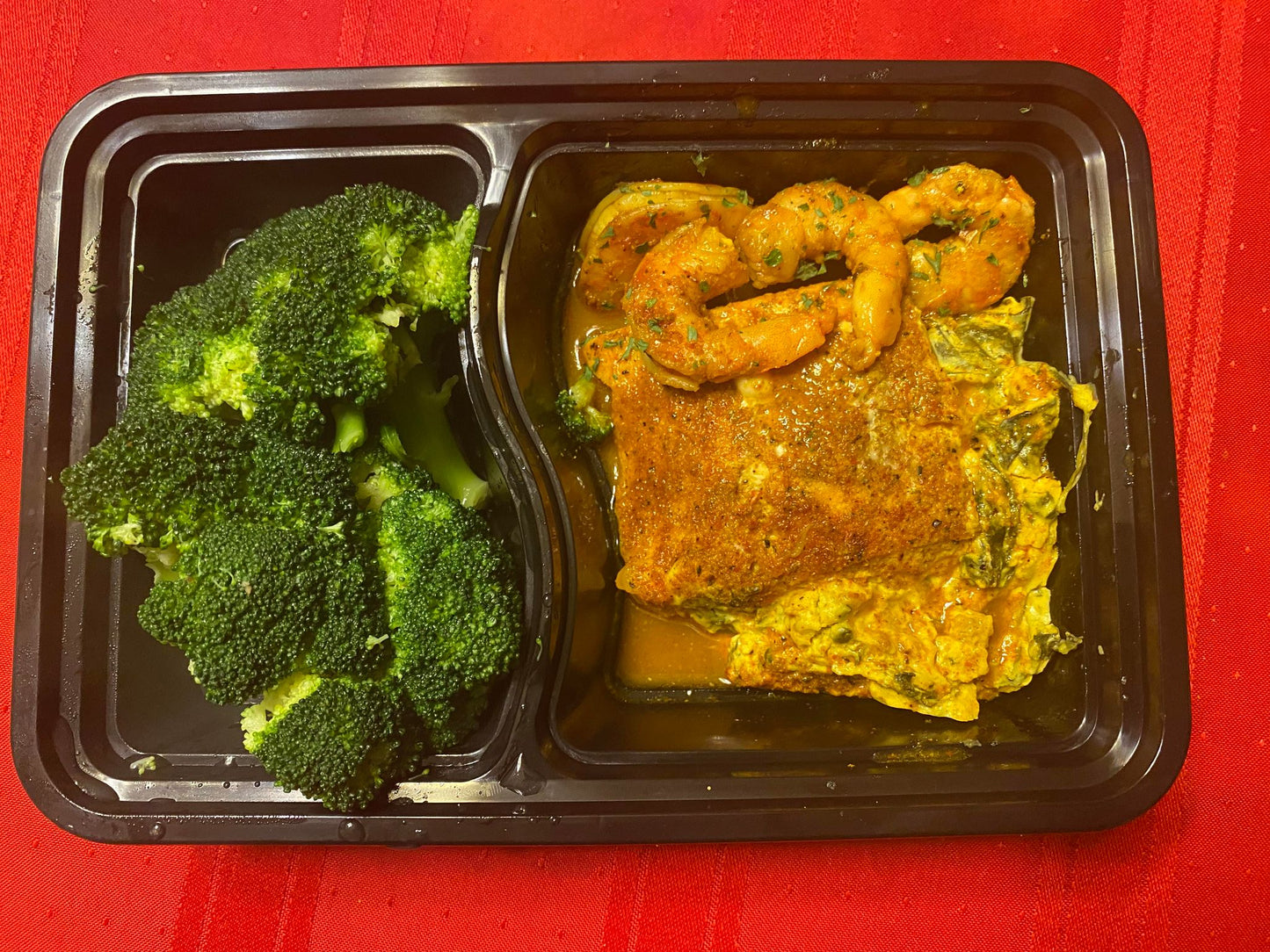 Low Carb/Low Calorie/Keto/Pescatarian-Creamy Spinach Stuffed Salmon with Cajun Shrimp & Broccoli (486.5 Calories, 32g Carbs, 21.6g Fat, 39.8g Protein)