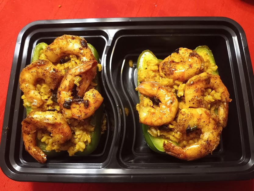 Pescatarian/Keto/Low Calorie/Low Carb/Gluten-Free- Stuffed Green Bell Pepper w. Seasoned Cauliflower Rice and Cajun Shrimp (471 Calories, 12 Carbs, 27g Fat, 32 Protein)