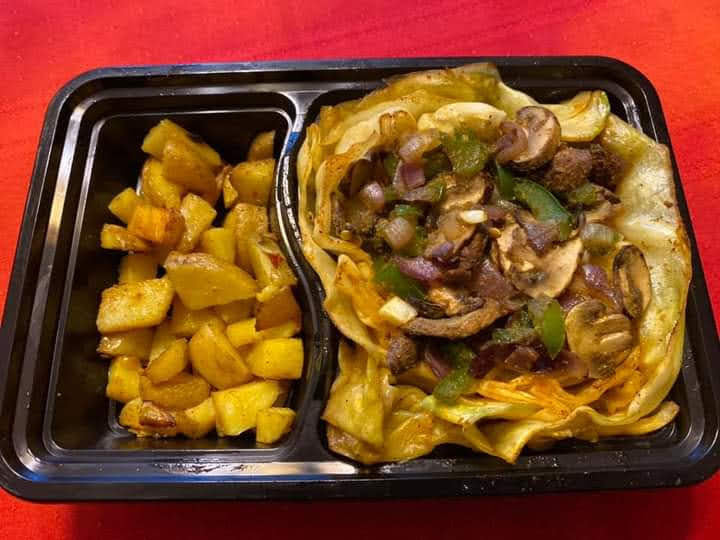 VEGAN_ Low Carb/Low Calorie/Gluten-Free - Cabbage Steak w_Sautéed Mushrooms, Bell Pepper &Onions W/ Side of Roasted Potatoes (292 Calories, 20g Carbs, 5g Fat, 6g Protein)