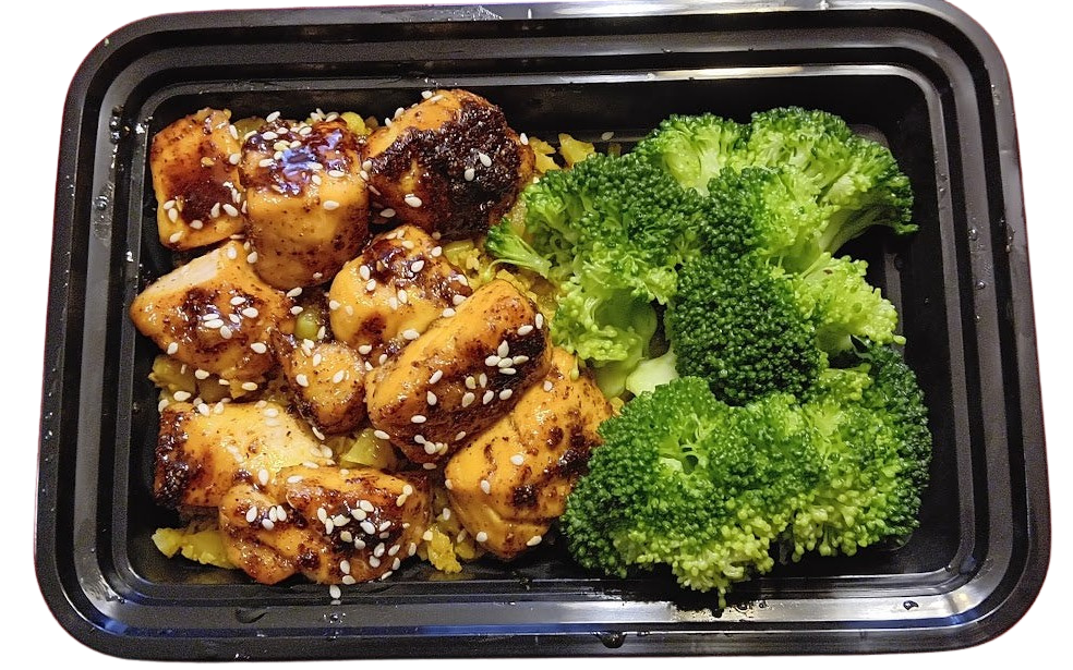 MINI MEALS_ Pescatarian/Low Carb/Low Calorie/Keto/Gluten-Free - Teriyaki Salmon Bites over Brown Rice & Broccoli (255 Calories, 6g Carbs, 17g Fat, 25g Protein)