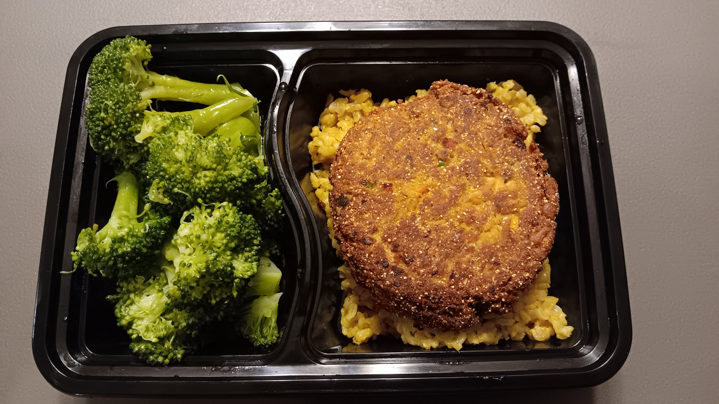 Low Carb/ Low Calorie- Salmon Croquette Pattie over Seasoned Brown Rice & Steamed Broccoli (325 Calories, 16.7g Carbs, 14g Fat, 29g Protein)