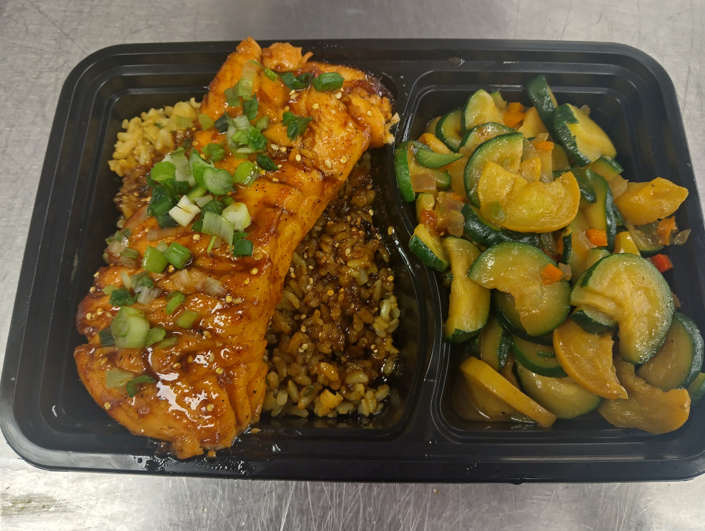 Pescatarian/Gluten-Free/Low Carb/Low Calorie- Ginger Teriyaki Salmon over Brown Rice and Fresh Sauteed Zucchini & Squash (445 Calories, 32.3g Carbs, 21.7g Fat, 41.6g Protein)