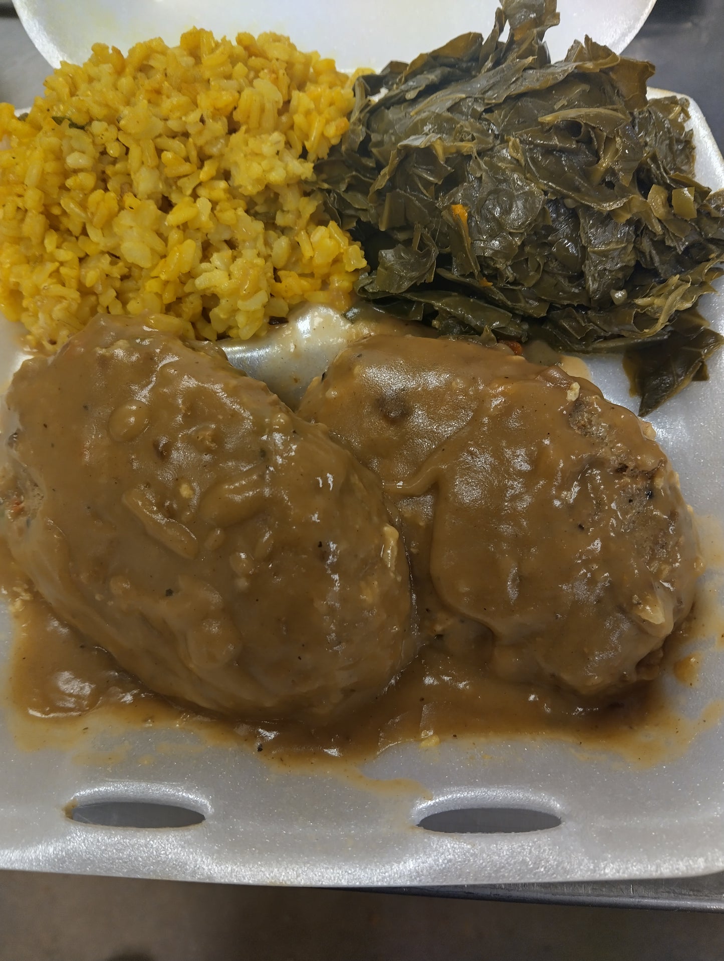 COMFORT FOOD/ 2 Beef Salisbury Steaks w/ Your Choice of 2 Sides. Comes with 2 cornbread muffins