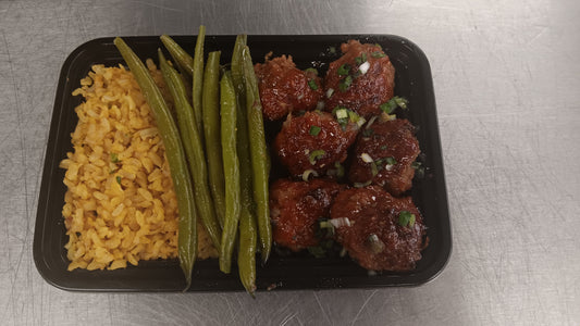 MINI_ /Low Carb/Low Calorie -Teriyaki Turkey Meatballs ,Fresh Green  Beans & Brown Rice- 375 Calories, 12g Carbs, 13g Fat, 18g Protein)