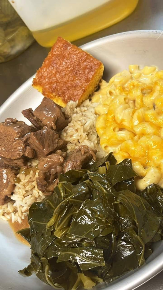 COMFORT FOOD- Beef Tips Over Brown Rice  -Comes with 2 Cornbread Muffins & 2 Sides