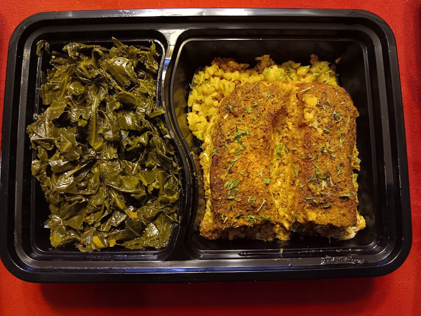 Pescatarian/Low Carb/Gluten-Free - Cajun Salmon over Seasoned Brown Rice and Fresh Collard Greens (621 Calories, 22.4g Carbs, 33.5g Fat, 50.6 Protein)