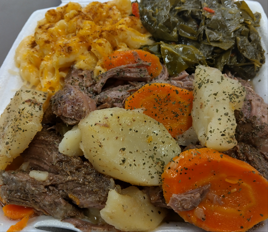 COMFORT FOOD/ Beef Pot Roast w/ Choice of 2 Sides, comes with 2 Cornbread Muffins