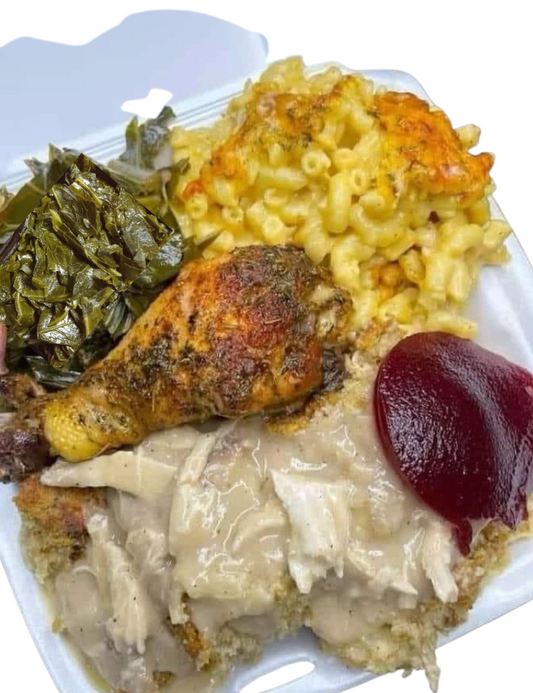 COMFORT FOOD- Southern Chicken & Dressing Meal -Comes with 2 Cornbread Muffins & 2 Sides
