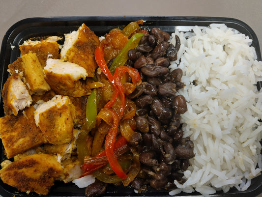 MINI_Low Carb/Low Calorie/Gluten-Free- Chicken Burrito Bowl w/ Grilled Mixed Peppers, Sauteed Onions, Black Beans & Basmati Lime Rice; paired w/ Coach V's Chipotle Sauce(335 Calories, 32g Carbs, 10g Fat, 19g Protein)
