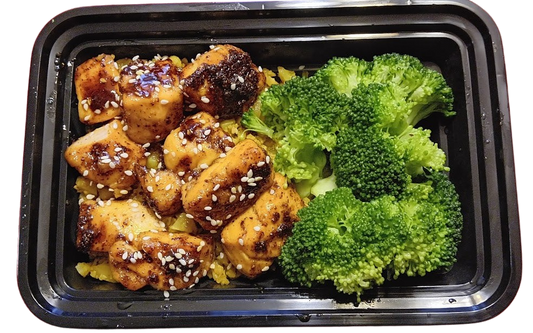 MINI MEALS_ Pescatarian/Low Carb/Low Calorie/Keto/Gluten-Free - Teriyaki Salmon Bites over Brown Rice & Broccoli (255 Calories, 6g Carbs, 17g Fat, 25g Protein)