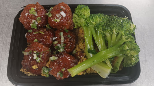 MINI_ /Low Carb/Low Calorie -Teriyaki Turkey Meatballs ,Steamed Broccoli & Brown Rice- 375 Calories, 12g Carbs, 13g Fat, 18g Protein)