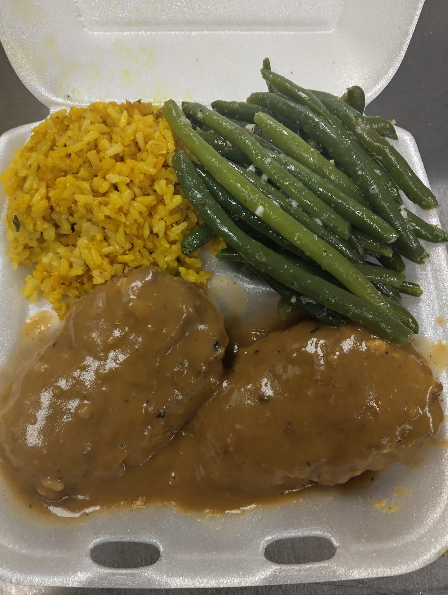 COMFORT FOOD/ 2 Beef Salisbury Steaks w/ Your Choice of 2 Sides. Comes with 2 cornbread muffins