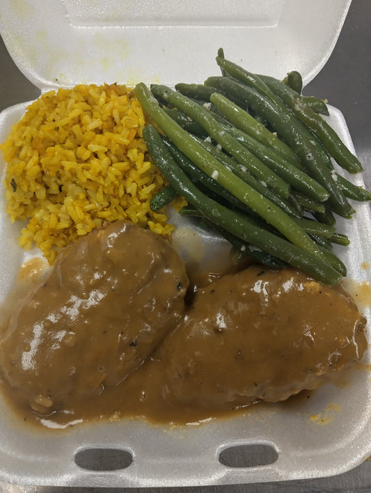 COMFORT FOOD/ 2 Beef Salisbury Steaks w/ Your Choice of 2 Sides. Comes with 2 cornbread muffins