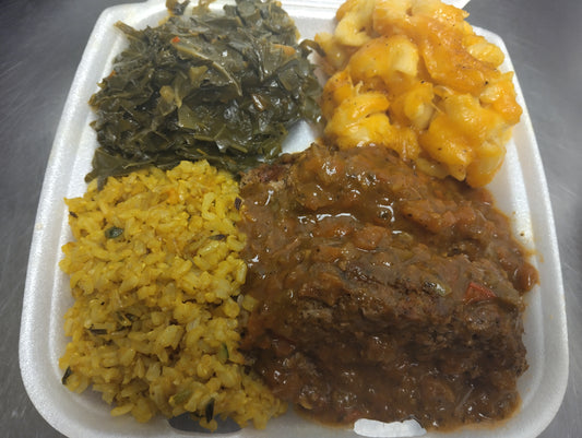COMFORT FOOD/ Southern Meatloaf w/ Your Choice of 3 Sides. Comes with 2 cornbread muffins