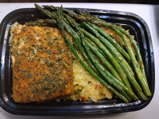 MINI Pescatarian/Low Carb/Low Calorie/Lemon Zest Herb Salmon over Jasmine Seasoned Rice and Asparagus (375 Calories, 22g Carbs, 19g Fat, 24g Protein)