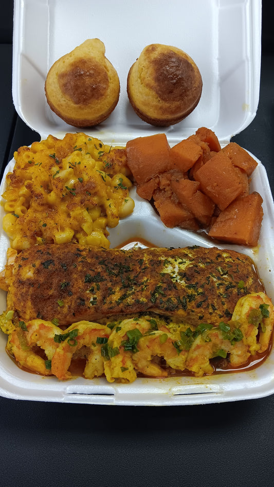 COMFORT FOOD/ Stuffed Broccoli & Cheese Cajun Salmon Dinner & Cajun Shrimp w/ Choice of 2 Sides. Comes with 2 Cornbread Muffins