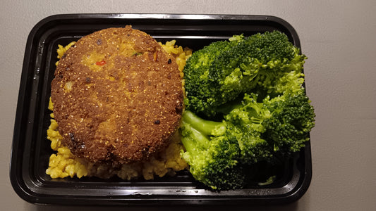 MINI_Low Carb/ Low Calorie- Salmon Pattie over Seasoned Brown Rice & Steamed Broccoli (185 Calories, 8.7g Carbs, 8g 14.4 Protein)